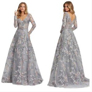 MAC DUGGAL 20214 LONG SLEEVE BEADED APPLIQUE GREY MULTI GOWN sz 12
